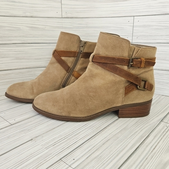 Lauren Ralph Lauren Mehira Suede and Leather Strap Ankle Boots in Sand Size 8 - Picture 1 of 10